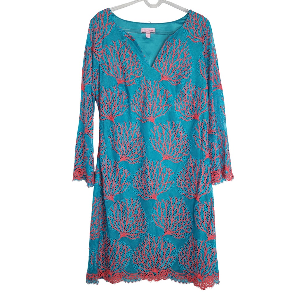 Lilly Pulitzer Coral Reef Shift Dress Lace Tropical Sz 8 Preppy Resort‎ Vacation
